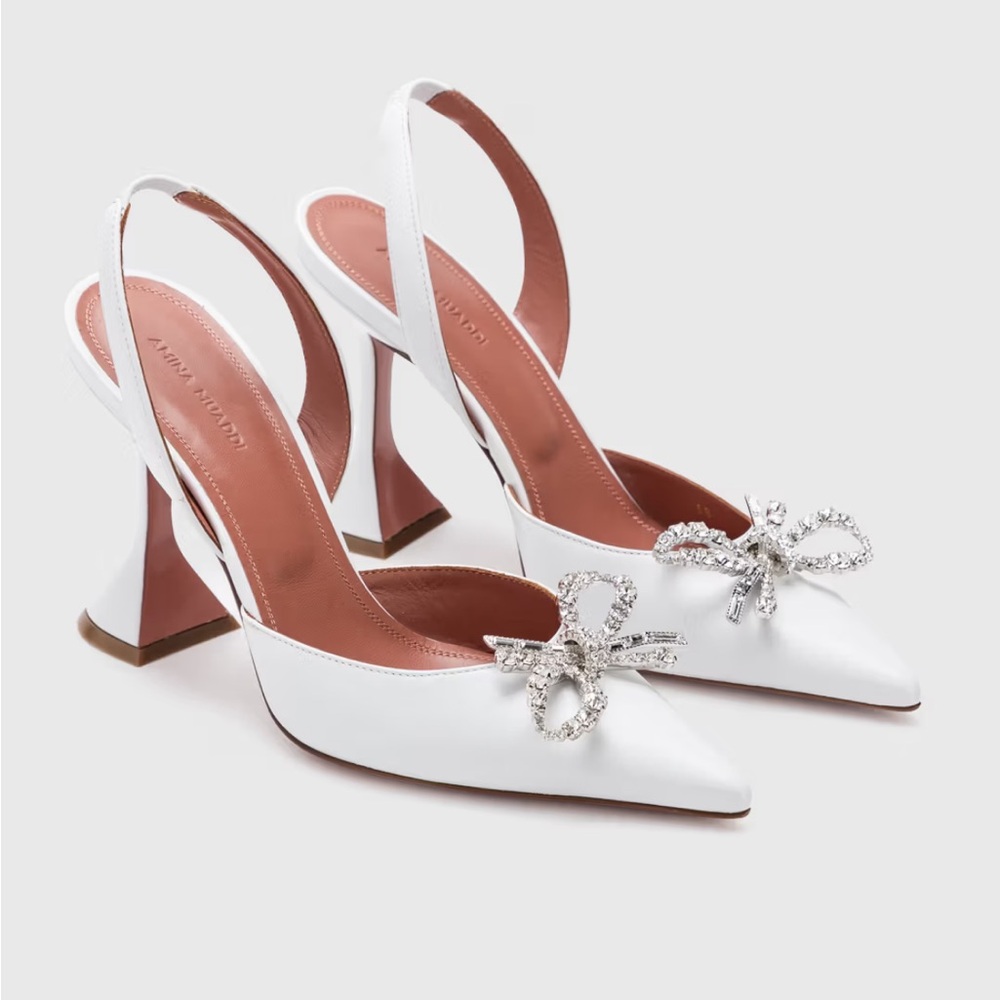 Amina Muaddi Rosie White Heels with Crystal Bow SOLD OUT